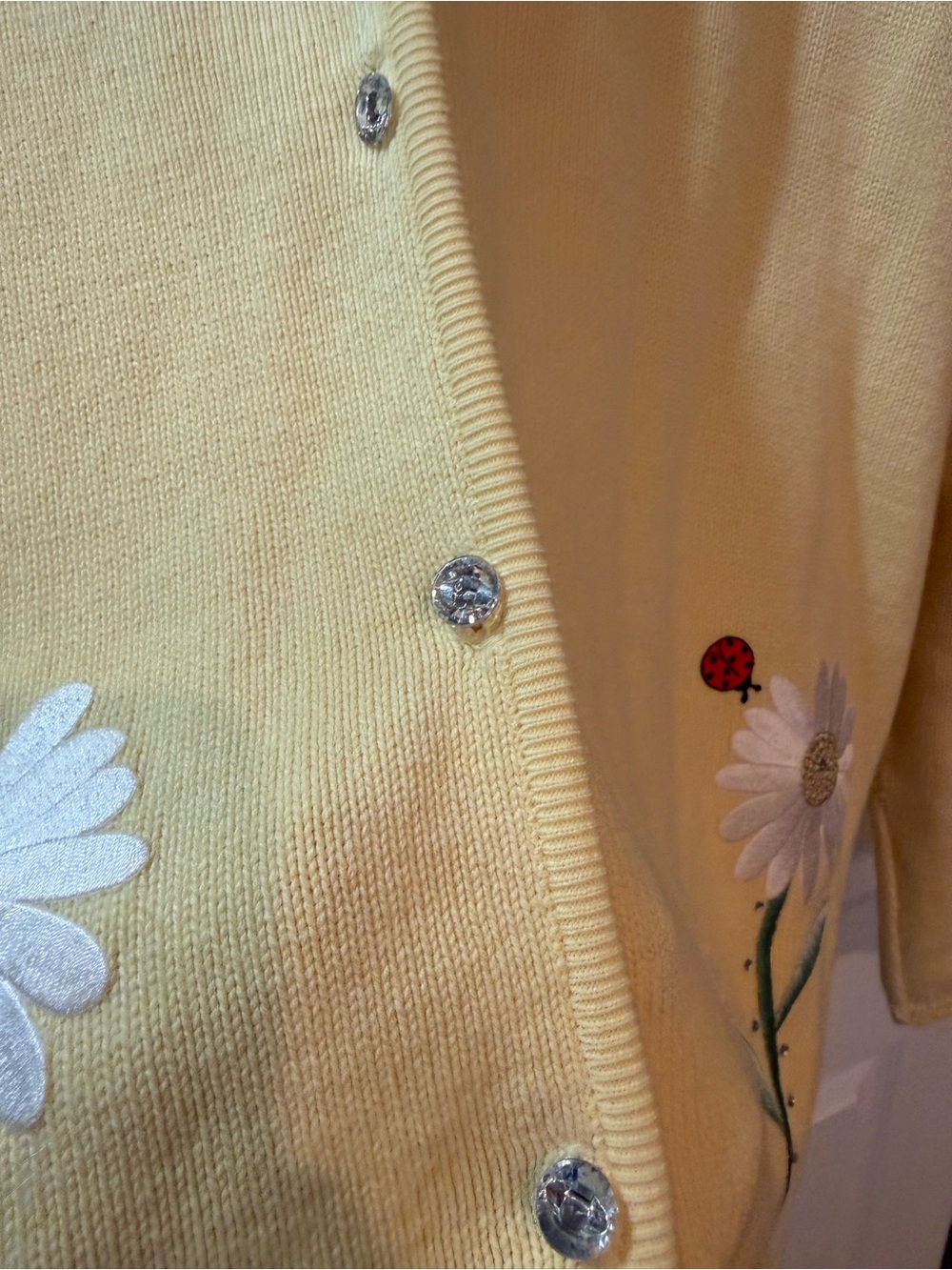 Vintage Style Yellow Cardigan 3X Daisy Ladybug Embroidered Cottagecore Plus Size - Picture 4 of 7